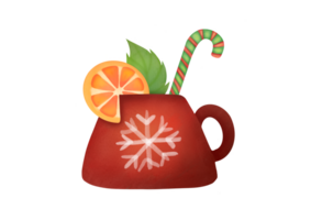 Watercolor Christmas clipart illustration on transparent background. cut out New Year winter hot drinks. red snowflake mug of ginger tea with orange, mint, festive lollipop. Cozy home made warming tea png