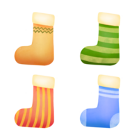 colorful decorated christmas stocking set, sock-shaped bags for winter holidays  gifts. New Year Stickers on transparent background, xmas clipart collection. Watercolor hand drawn cutout illustration png