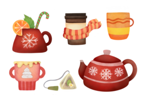 Watercolor clipart collection of Christmas winter hot drinks on transparent background. New Yearred teapot, mug of cocoa with whipped cream, cup of coffee, ginger tea with orange and mint, teabag png