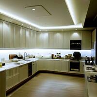 neat and clean kitchen room interior with well arranged kitchen appliance  ai generative photo