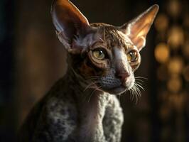 Cornish rex cat portrait close up created with Generative AI technology photo