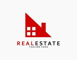 Real estate logo in red. Simple icon roof of the house with window and chimney in a half triangle. Vector for company, architecture, developer, residence