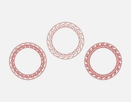 Red halftone round frame. Set of three red abstract line art patterns in circle form. Collection of simple round decorative ornamental border suitable for vintage design. vector