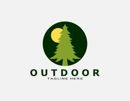 Adventure logo with green pine and sun. Simple circle design suitable for travel, trip, wildlife. vector