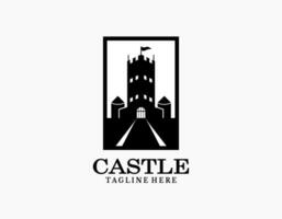 Authentic castle logo in the square or rectangle frame. Elegant minimal design of palace or fortress with black and white. Suitable for museums, stamps, postcards. vector