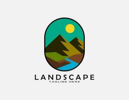 Beautiful landscape logo isolated by black line. Two mountains with sun and river. Minimal design suitable for wildlife, adventure, travel. vector