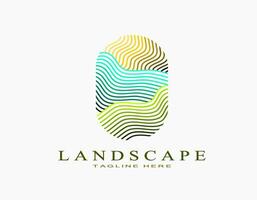 elegante logo de paisaje. creativo diseño con vistoso ondulado línea Arte con amarillo, marrón, azul, y verde. adecuado para viajar, hotel, agricultura, granja. vector