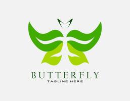 Minimalist green butterfly logo. Design vector with leaf. Elegant beauty icon for spa, cosmatic, nature.