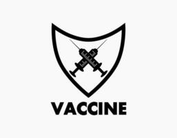 Syringe and shield icon in black color. Design with the concept that getting vaccinated will provide shield and strength. Suitable for vaccine campaign, poster, hospital, clinic, and company. vector