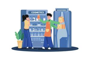 Retail collaborators assist customers in inventory management. vector