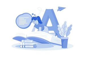 Child reads book to improve reading skills. vector