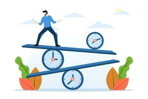 time management concept, about a man balancing work hours to represent work in different time zones, multitasking, or completing work within a deadline. productivity to complete a project. vector