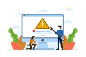 concepto de sistema error, software problema o sistema falla, seguridad advertencia o hardware error a ser reparado, mantenimiento, joven técnico participación llave inglesa reparar sistema fracaso mensaje en computadora. vector