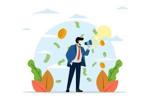 sales or marketing campaign promotion concept, referral marketing, investment or profit opportunity, financial announcement, advertising or savings, businessman talking on megaphone banknotes. vector