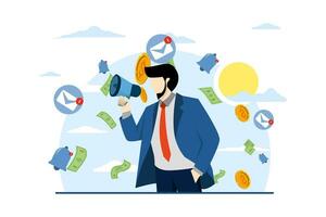 Concept of promotion, email marketing, pr, email campaign. Man shouting in megaphone. Business characters are announced with loudspeakers. Direct marketing. Flat vector illustration for web banner.