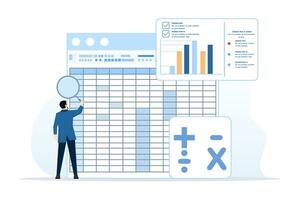 Spreadsheet concept, business analysis and analytics, database reports, financial accounting data with table numbers, budget calculations, profit and loss, generating report graphs from data. vector