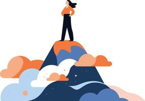 Hand Drawn Businessman standing on top of the mountain of success in flat style vector