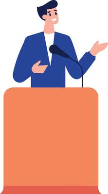 Hand Drawn Businessman speaking on the podium in flat style