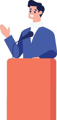 Hand Drawn Businessman speaking on the podium in flat style