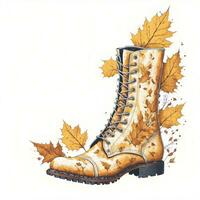 Autumn maple leaves, pumpkin and boots, ai generated photo