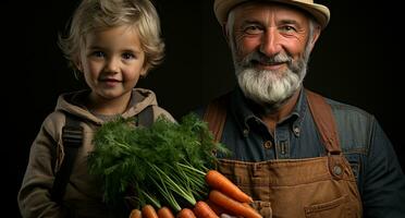 Smiling senior men holding carrot, looking at camera happily generated by AI photo