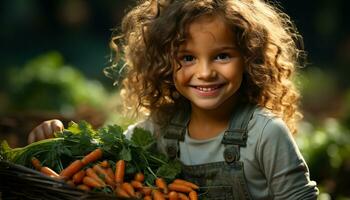 Smiling child outdoors, happiness in nature, fresh vegetable harvest generated by AI photo