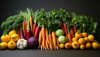 Fresh, healthy vegetables carrot, tomato, onion, cauliflower, broccoli, cucumber generated by AI photo