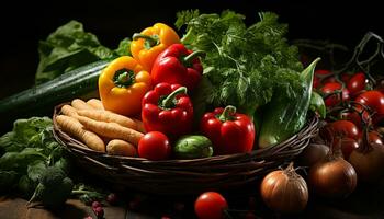 Fresh organic vegetables in a healthy eating basket generated by AI photo