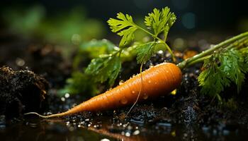 Fresh organic vegetables grow in the wet dirt outdoors generated by AI photo