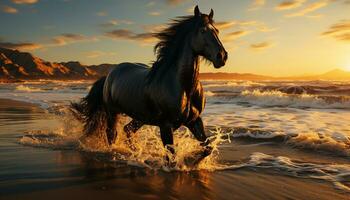 Stallion mane waves in sunset, nature beauty unleashed generated by AI photo