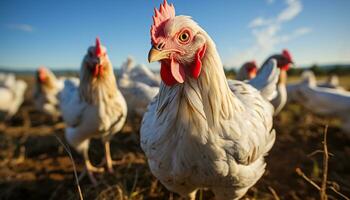 Chickens roam freely, grazing on organic meadows in the farm generated by AI photo