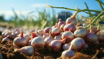 Fresh organic garlic, a healthy seasoning for gourmet meals generated by AI photo