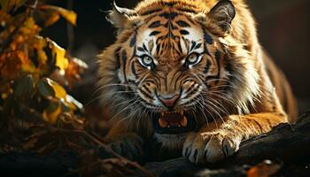 Bengala tigre, feroz y hermoso, miradas dentro el cámara generado por ai foto