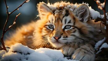 Cute tiger kitten looking at camera in snowy forest generated by AI photo