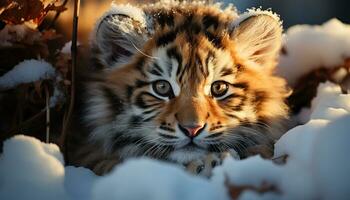 Cute tiger kitten looking at camera in snowy forest generated by AI photo