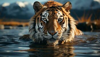 Majestic Bengal tiger staring, reflecting beauty in nature generated by AI photo