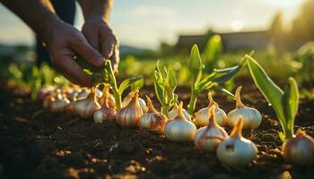 A farmer hand holds fresh, organic garlic, a healthy ingredient generated by AI photo
