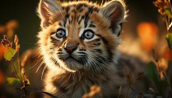 Cute tiger kitten staring, playful, in tranquil sunset forest generated by AI photo