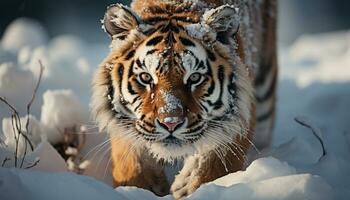 Majestic Bengal tiger walking in snow covered wilderness generated by AI photo