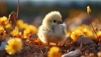 Cute baby chicken hatching, nature new life in spring generated by AI photo