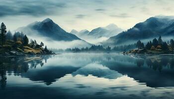 Tranquil scene mountain peak reflects in serene water generated by AI photo