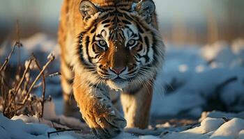 majestuoso Bengala Tigre caminando en nieve, curioso a cámara generado por ai foto