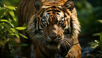 Majestic Bengal tiger, fierce and beautiful, staring into the camera generated by AI photo