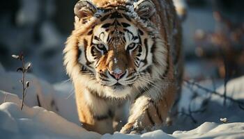 majestuoso Bengala Tigre caminando en nieve cubierto desierto generado por ai foto