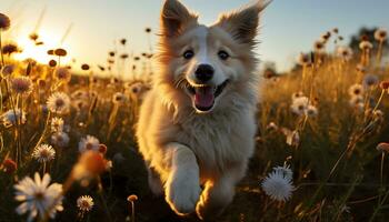 Cute puppy sitting on grass, enjoying playful summer outdoors generated by AI photo