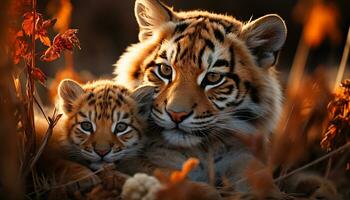 linda joven Tigre curioso, ocultación en césped, tranquilo naturaleza generado por ai foto