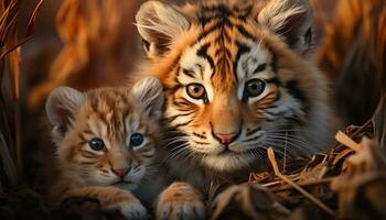 Cute tiger cub playing, staring, alert in tropical rainforest generated by AI photo