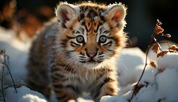 un linda Bengala tigre, a rayas piel en invierno nieve generado por ai foto