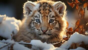 Bengal tiger in snow, staring with fierce beauty generated by AI photo