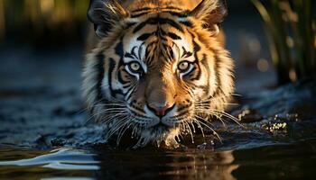 Bengal tiger staring, majestic, in nature tranquil wilderness generated by AI photo